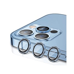 Shop the metal ring with HD tempered glass for iPhone 15 Pro and 15 Pro Max in blue.