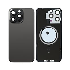 Stock up on the back glass with frame and MagSafe magnet for iPhone 15 Pro Max in black titanium, no logo.