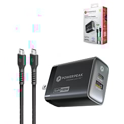 PowerPeak Triple Port GAN Charger with USB C-C Cable - BLACK (6 ft) (65W) (Only Ground Shipping)