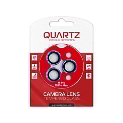 Stock up on the QUARTZ HD Tempered Glass with Metal Ring for iPhone 15 Pro and 15 Pro Max Back Camera in purple.
