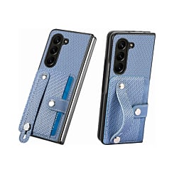 Carbon Fiber Texture Card Slot Wrist Strap Holder Case - BLUE for Galaxy Z Fold 6 (Only Ground Shipping)