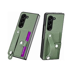 Galaxy Z Fold 6 Carbon Fiber Texture Card Slot Wrist Strap Holder Case - GREEN (Only Ground Shipping)