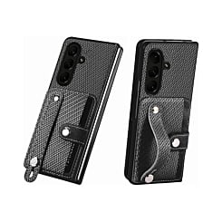 Galaxy Z Fold 7 Carbon Fiber Texture Card Slot Wrist Strap Holder Case - BLACK (Only Ground Shipping)