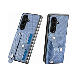 Galaxy Z Fold 7 Carbon Fiber Texture Card Slot Wrist Strap Holder Case - BLUE (Only Ground Shipping)