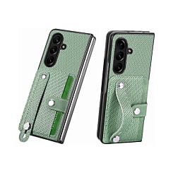 Galaxy Z Fold 7 Carbon Fiber Texture Card Slot Wrist Strap Holder Case - GREEN (Only Ground Shipping)