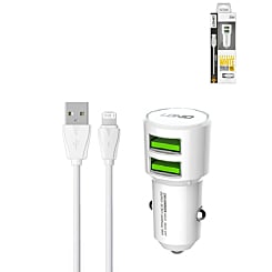 LDNIO C309 3.6A Dual USB-A Car Charger with USB A-L Non-MFI Cable (WHITE) (3ft) (18W) (Only Ground Shipping)