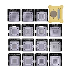 Stock up on the WL BGA Reballing Stencils for iPhone 6 to 15 Pro Max, covering A8 to A16 CPU chips, with IC positioning soldering tool and base. Not returnable.