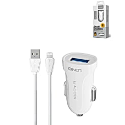 LDNIO C17 1A USB-A Car Charger with USB-L Non-MFI Cable (WHITE) (3ft) (10W) (Only Ground Shipping)