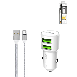 LDNIO C309 3.6A Dual USB-A Car Charger with USB A-M Cable (WHITE) (3ft) (18W) (Only Ground Shipping)