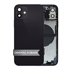 Order the black back housing frame with small components pre-installed for iPhone 12, OEM Pull A Grade.

