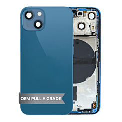 Purchase the Back Housing Frame Blue US Version OEM Pull A Grade with Small Components Pre-Installed for iPhone 13 Mini.

