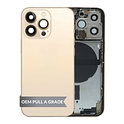 Stock up on the Back Housing Frame GOLD US Version OEM Pull A Grade with Small Components Pre-Installed for iPhone 13 Pro.
