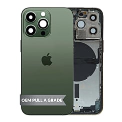 Buy the Back Housing Frame ALPINE GREEN US Version OEM Pull A Grade with Small Components Pre-Installed for iPhone 13 Pro.
