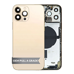 Order the Back Housing Frame with Small Components Pre-Installed for iPhone 13 Pro Max GOLD US Version OEM Pull A Grade.
