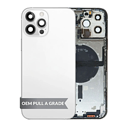 Stock up on the Back Housing Frame with Small Components Pre-Installed for iPhone 13 Pro Max SILVER US Version OEM Pull A Grade.
