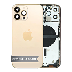 Order the Housing Frame with Small Parts Pre-Installed for iPhone 13 Pro Max GOLD International OEM Pull A Grade.

