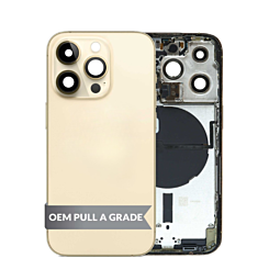 Buy the back housing frame in Gold, US version, OEM pull A grade, with small components pre-installed for iPhone 14 Pro.