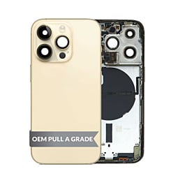 Grab the wholesale deals on the housing frame with small parts pre-installed for iPhone 14 Pro in Gold, International version, OEM pull A grade.