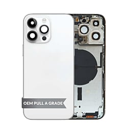 Shop the back housing frame in Silver, US version, OEM Pull A Grade, with small components pre-installed for iPhone 14 Pro Max.