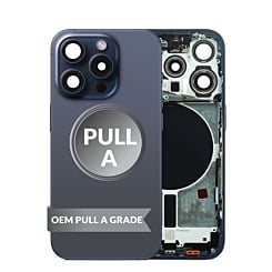Buy the Back Housing Frame in Blue Titanium, US version, OEM Pull A Grade, with small components pre-installed for iPhone 15 Pro.