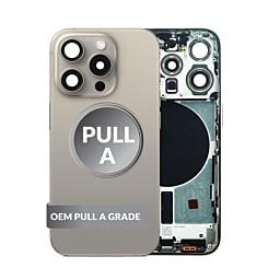 Shop the Back Housing Frame in Natural Titanium, US version, OEM Pull A Grade, with small components already pre-installed for iPhone 15 Pro.
