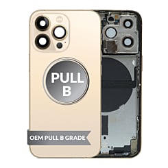 Purchase the Back Housing Frame GOLD US Version OEM Pull B Grade with Small Components Pre-Installed for iPhone 13 Pro.
