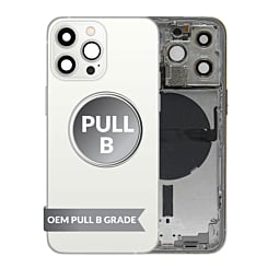 Stock up on the Back Housing Frame with Small Components Pre-Installed for iPhone 13 Pro SILVER US Version OEM Pull B Grade.
