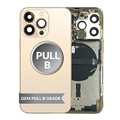 Order the Housing Frame with Small Parts Pre-Installed for iPhone 13 Pro GOLD International OEM Pull B Grade.
