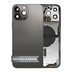 Stock up on the Back Housing Frame GRAPHITE US Version OEM Pull B Grade with Small Components Pre-Installed for iPhone 13 Pro Max.
