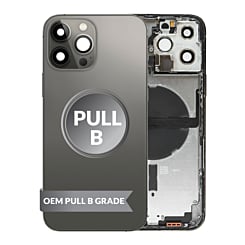 Stock up on the Back Housing Frame GRAPHITE US Version OEM Pull B Grade with Small Components Pre-Installed for iPhone 13 Pro Max.
