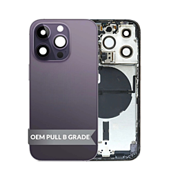 Purchase the back housing frame with small components pre-installed for iPhone 14 Pro in Deep Purple, US version, OEM pull B grade.
