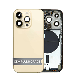 Buy the housing frame with small parts pre-installed for iPhone 14 Pro in Gold, International version, OEM pull B grade.
