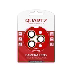 Buy the QUARTZ HD tempered glass with metal ring for the iPhone 14 Pro and 14 Pro Max back camera in Gold.