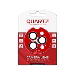 Buy the QUARTZ HD Tempered Glass with Metal Ring for iPhone 15 Pro and 15 Pro Max Back Camera in red.