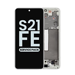 Stock up on the OLED Assembly with Frame for Galaxy S21 FE G990 in White, Service Pack.