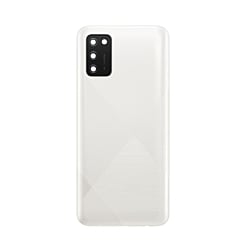 Purchase the white back glass with camera lens and adhesive for Galaxy A02S A025U 2020, no logo.
