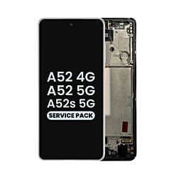 Order the OLED Assembly with Frame in Awesome White, Service Pack, for Galaxy A52 4G model A525 from 2021, A52 5G model A526 from 2021, and A52s 5G model A528 from 2021.