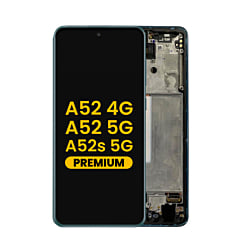 Shop the OLED Assembly with Frame in Awesome Blue, Premium, for Galaxy A52 4G model A525 from 2021, A52 5G model A526 from 2021, and A52s 5G model A528 from 2021.