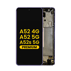 Order the OLED Assembly with Frame in Awesome Violet, Premium, for Galaxy A52 4G model A525 from 2021, A52 5G model A526 from 2021, and A52s 5G model A528 from 2021.