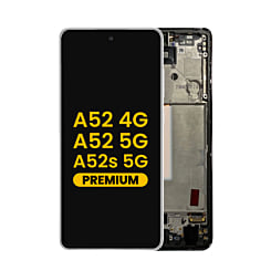 Purchase the OLED Assembly with Frame in Awesome White, Premium, for Galaxy A52 4G model A525 from 2021, A52 5G model A526 from 2021, and A52s 5G model A528 from 2021.