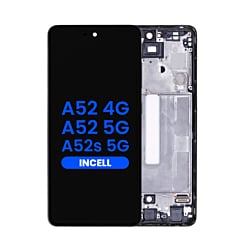 Buy the LCD Assembly in Awesome Black, Aftermarket Incell, with Frame for Galaxy A52 4G model A525 from 2021, A52 5G model A526 from 2021, and A52s 5G model A528 from 2021, without Fingerprint Sensor.