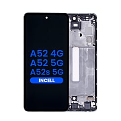 Purchase the LCD Assembly in Awesome White, Aftermarket Incell, with Frame for Galaxy A52 4G model A525 from 2021, A52 5G model A526 from 2021, and A52s 5G model A528 from 2021, without Fingerprint Sensor.
