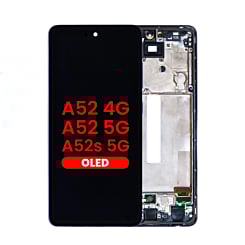 Stock up on the OLED Assembly with Frame in Awesome Violet, Aftermarket OLED, for Galaxy A52 4G model A525 from 2021, A52 5G model A526 from 2021, and A52s 5G model A528 from 2021.