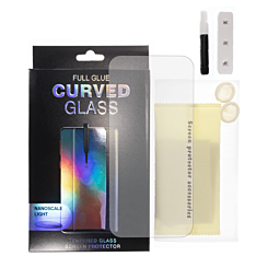 Order the Full Glue Tempered Glass for Galaxy S21 Ultra with Nano Liquid, Install Kit, and UV Light, Case Friendly, 3D Curve, 1 Piece.