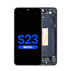 Stock up on the LCD assembly with frame for Galaxy S23 S911 in phantom black. Aftermarket Incell, does not support fingerprint.