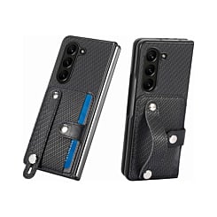 Carbon Fiber Texture Card Slot Wrist Strap Holder Case - BLACK for Galaxy Z Fold 6 (Only Ground Shipping)