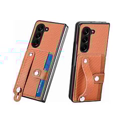 Carbon Fiber Texture Card Slot Wrist Strap Holder Case - BROWN for Galaxy Z Fold 6 (Only Ground Shipping)