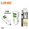 LDNIO C309 3.6A Dual USB-A Car Charger with USB A-L Non-MFI Cable (WHITE) (3ft) (18W) (Only Ground Shipping)