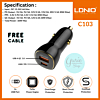 LDNIO C103 PD QC4.0 Dual USB A+C Car Charger with USB C-L Non-MFI Cable (3ft) (60W) (Only Ground Shipping)
