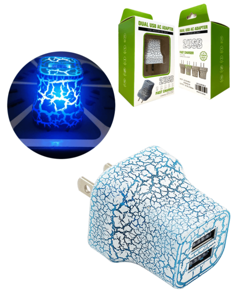 LED Light Up 2-USB Port Wall Charger Power Adapter (BLUE)